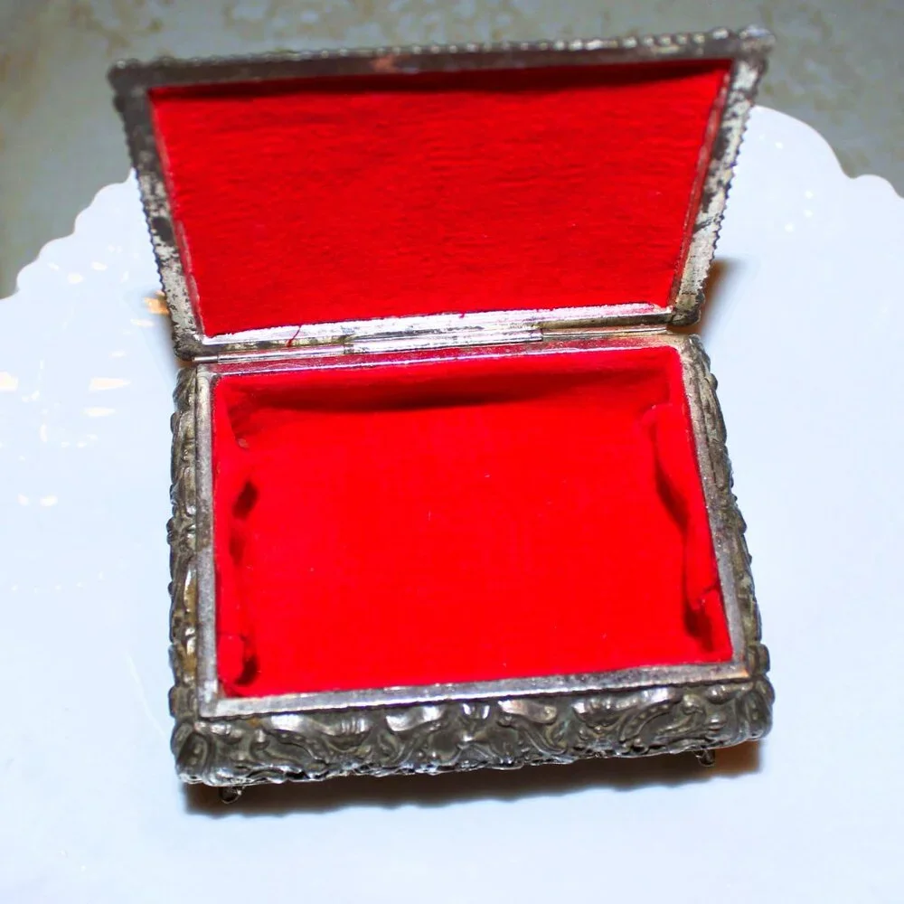 Vintage Japan Silver Jewelry Box Romantic Repoussé Trinket Case with Red Velvet